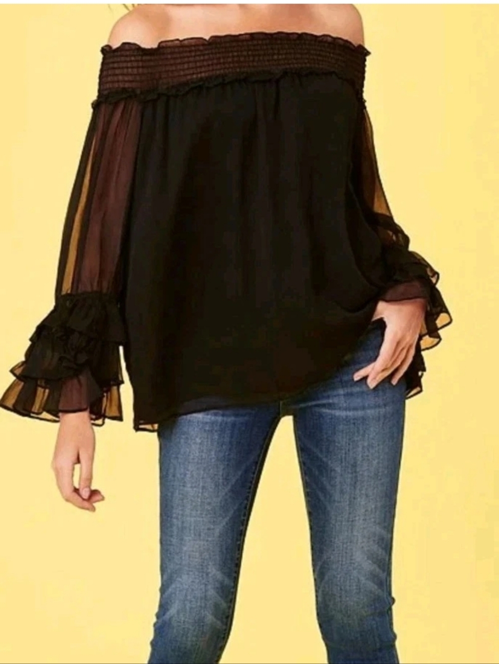 Y2k Cece Top Off Shoulder RICH BLACK Romantic Goth Boho Festival Fairy Sheer S